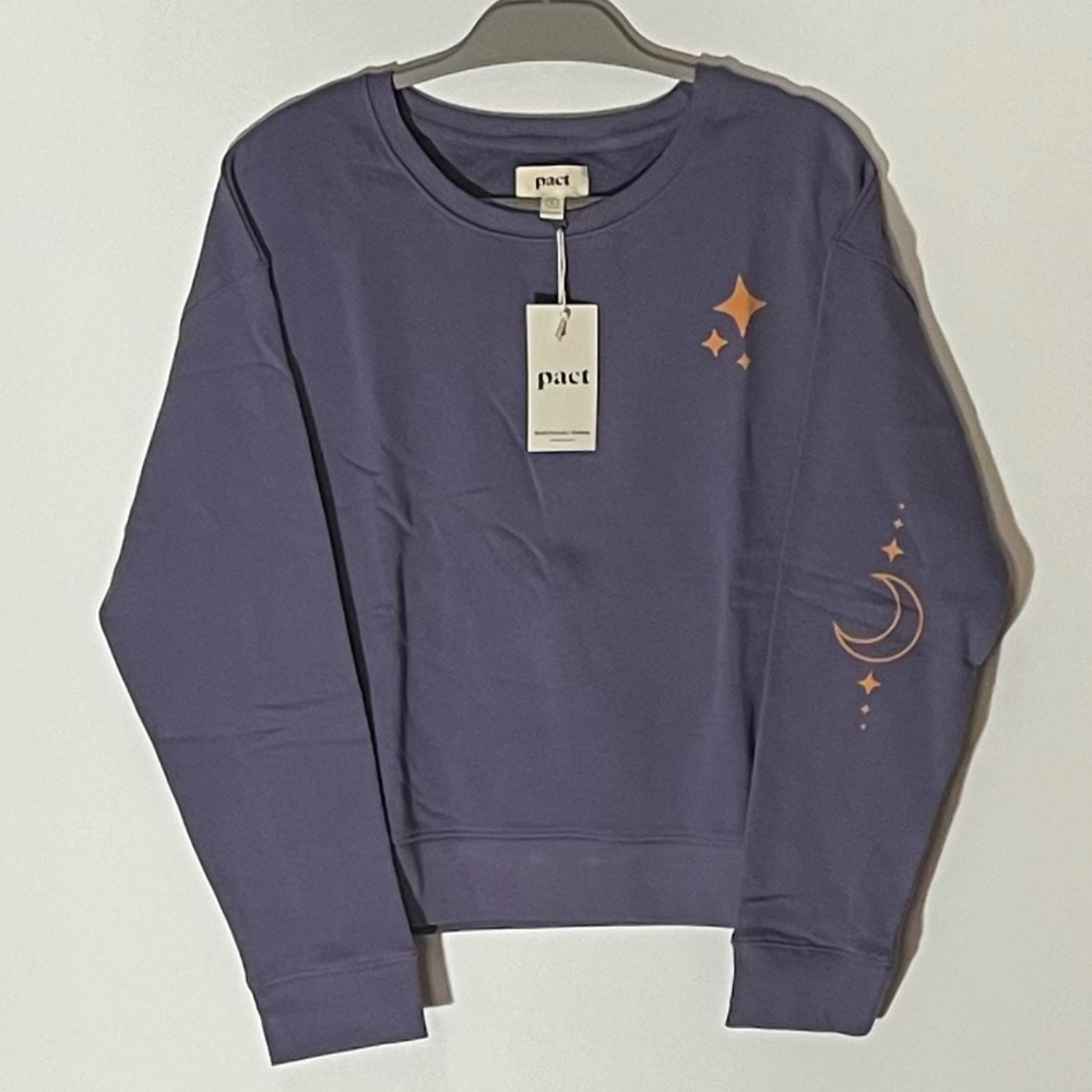 Pact Lavender-Purple Crewneck with Orange Celestial Motifs